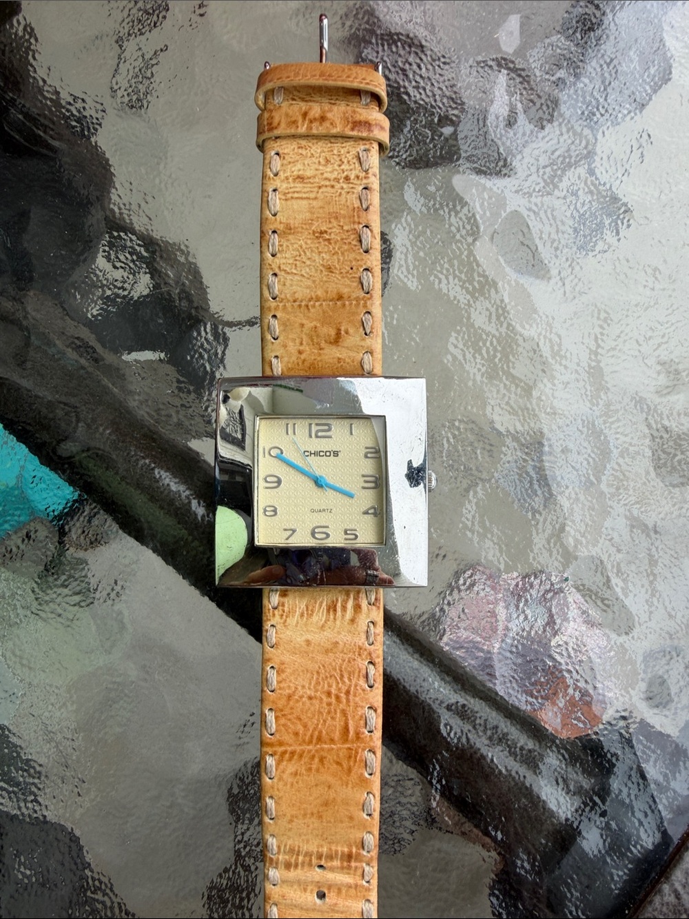 Chico's Square Face Watch with Tan Leather Strap and Blue Hands